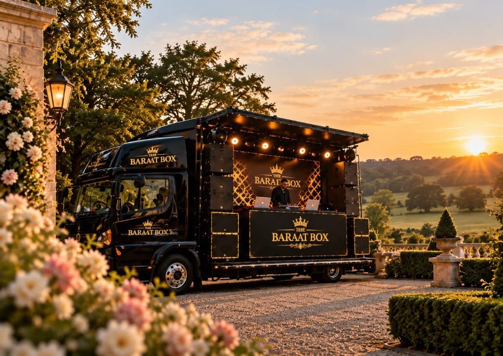 The black-and-gold Baraat Box truck parked on the gravel drive of a stately home at sunset, side stage open with a DJ behind the decks