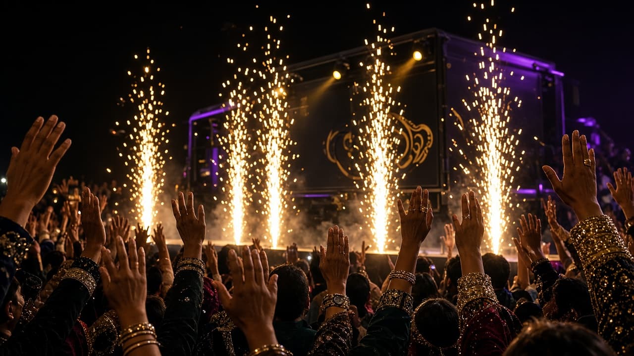 Guests with raised hands and gold spark fountains