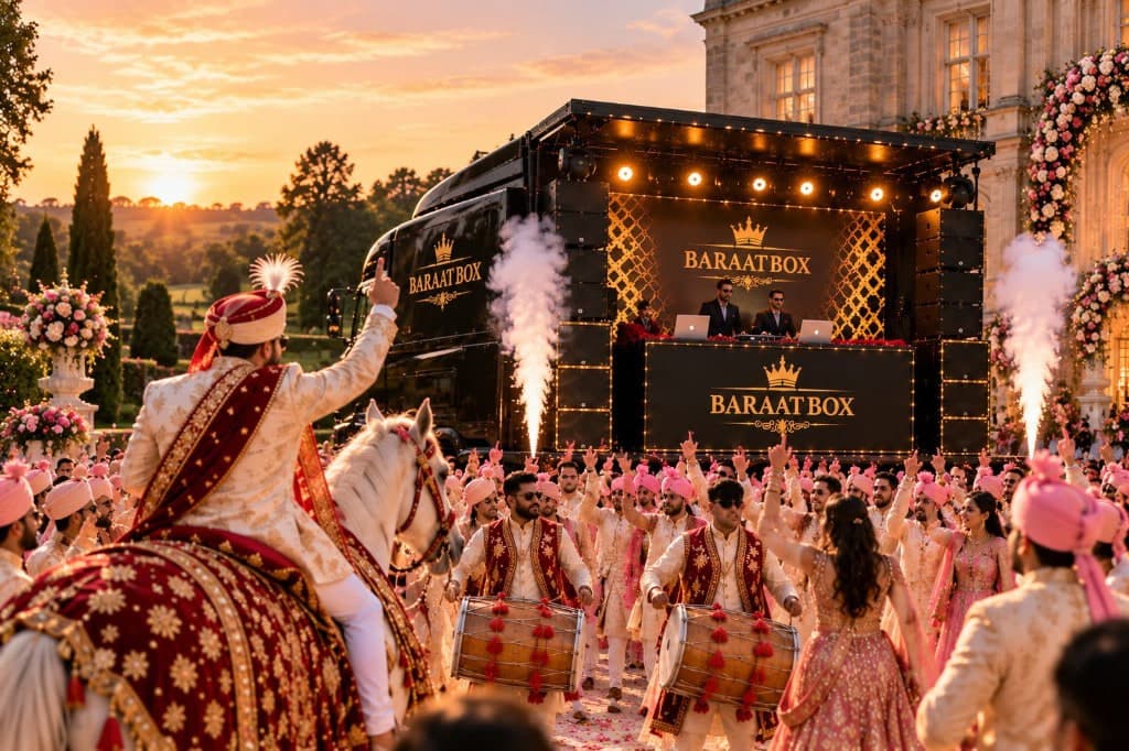 Baraat crowd and groom on horseback before the Baraat Box stage at sunset, with cold-spark fountains