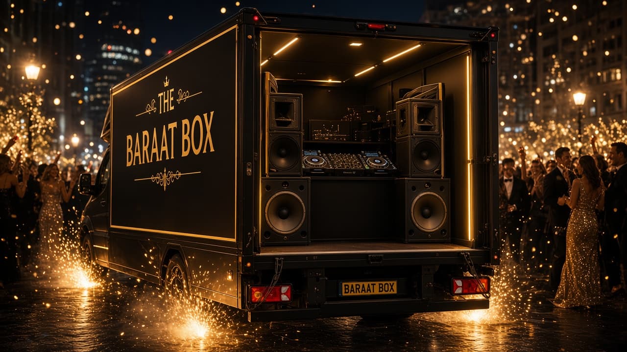 Rear-open van with DJ setup on a night street