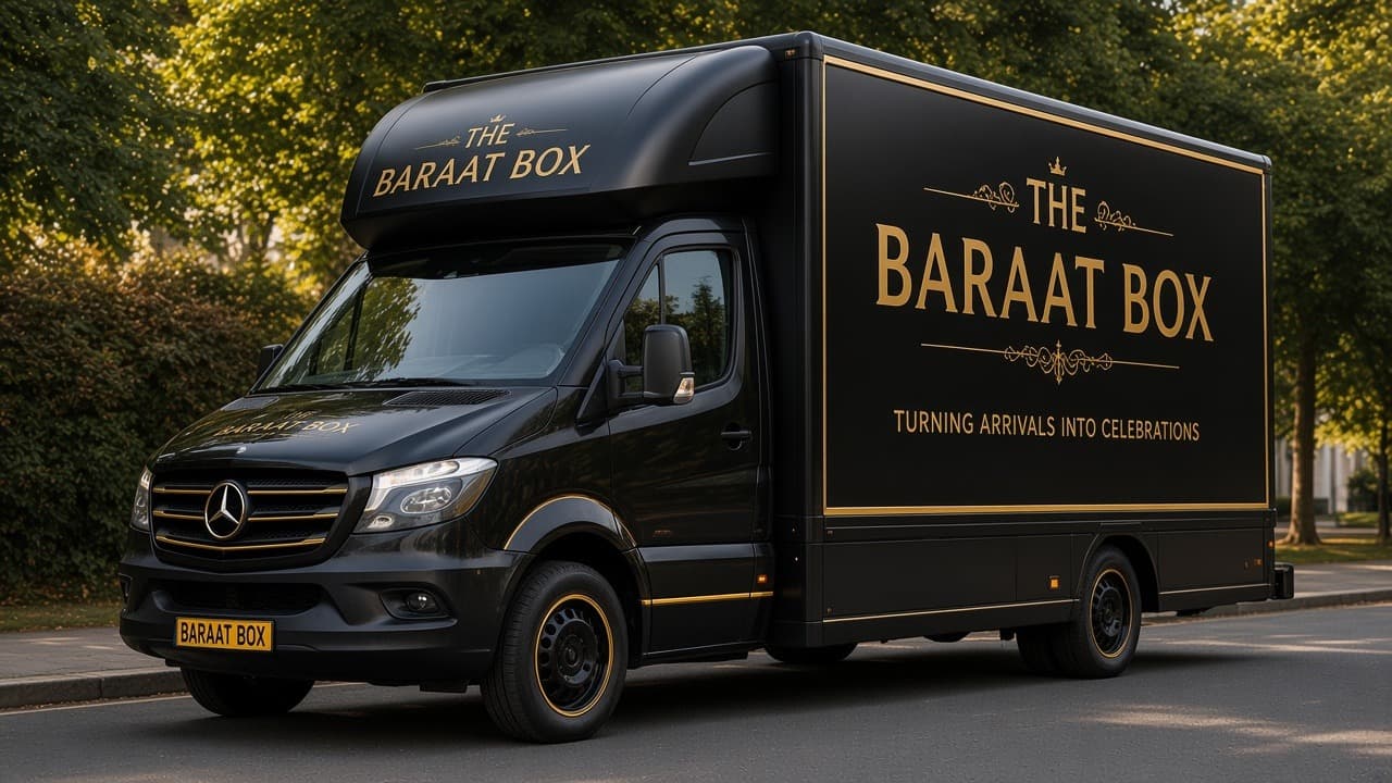 The Baraat Box luxury black-and-gold Mercedes Sprinter, a mobile baraat stage closed at night